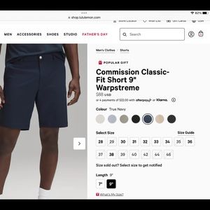 Lululemon Men’s Commission Warpstreme Shorts 9” Navy Blue Size 30